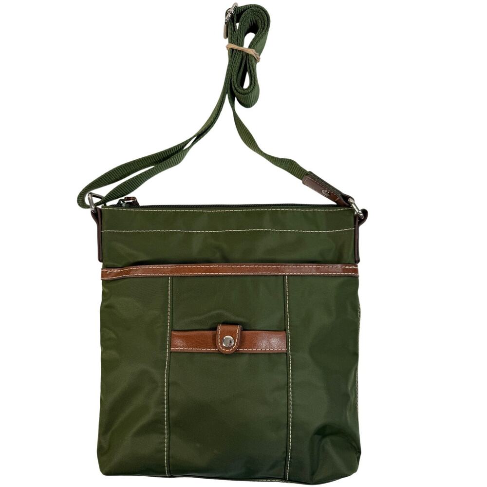 Nine West Crossbody Bag Green Nylon Brown Leather Trim Adjustable Strap